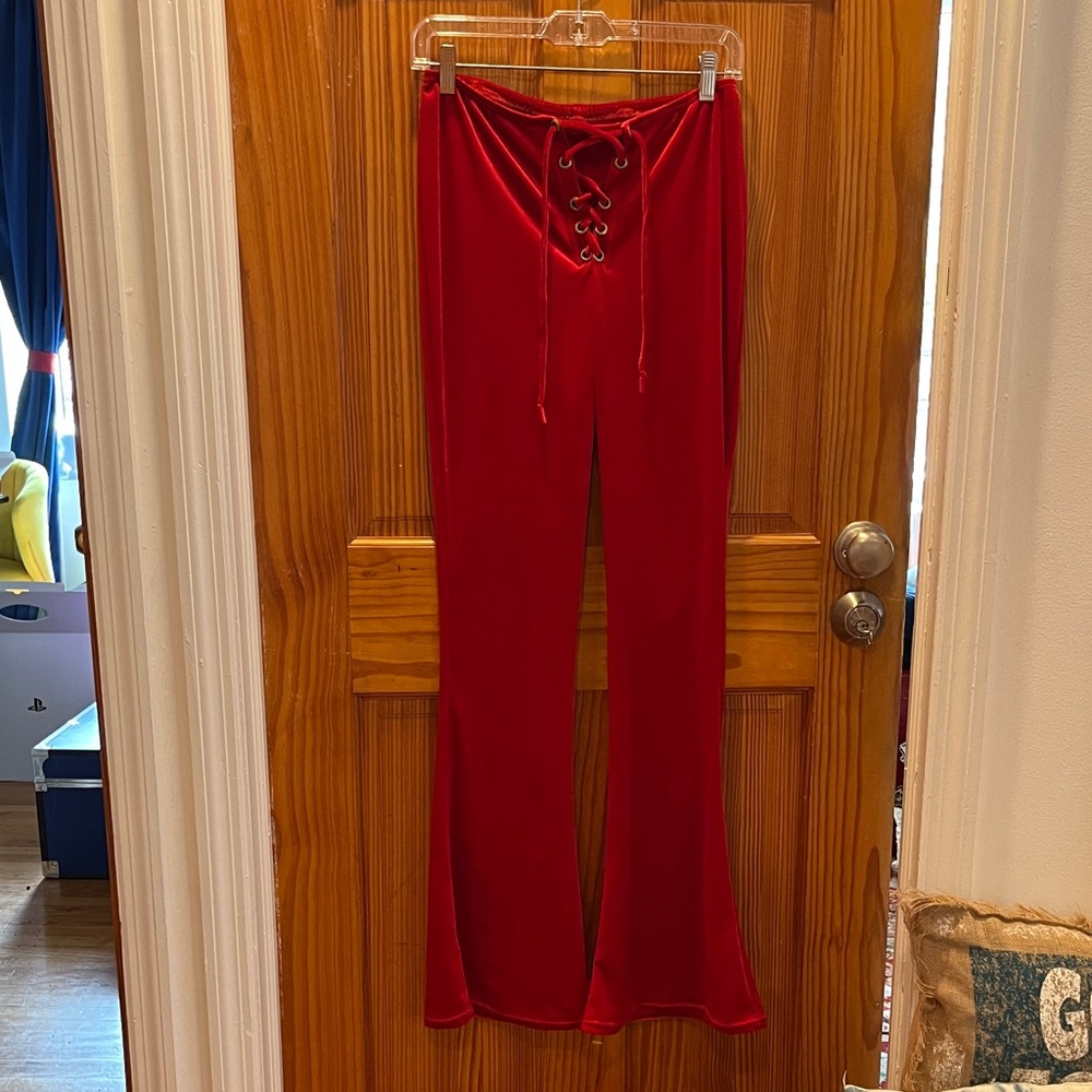 Red Lace-Up Velvet Bell Bottoms